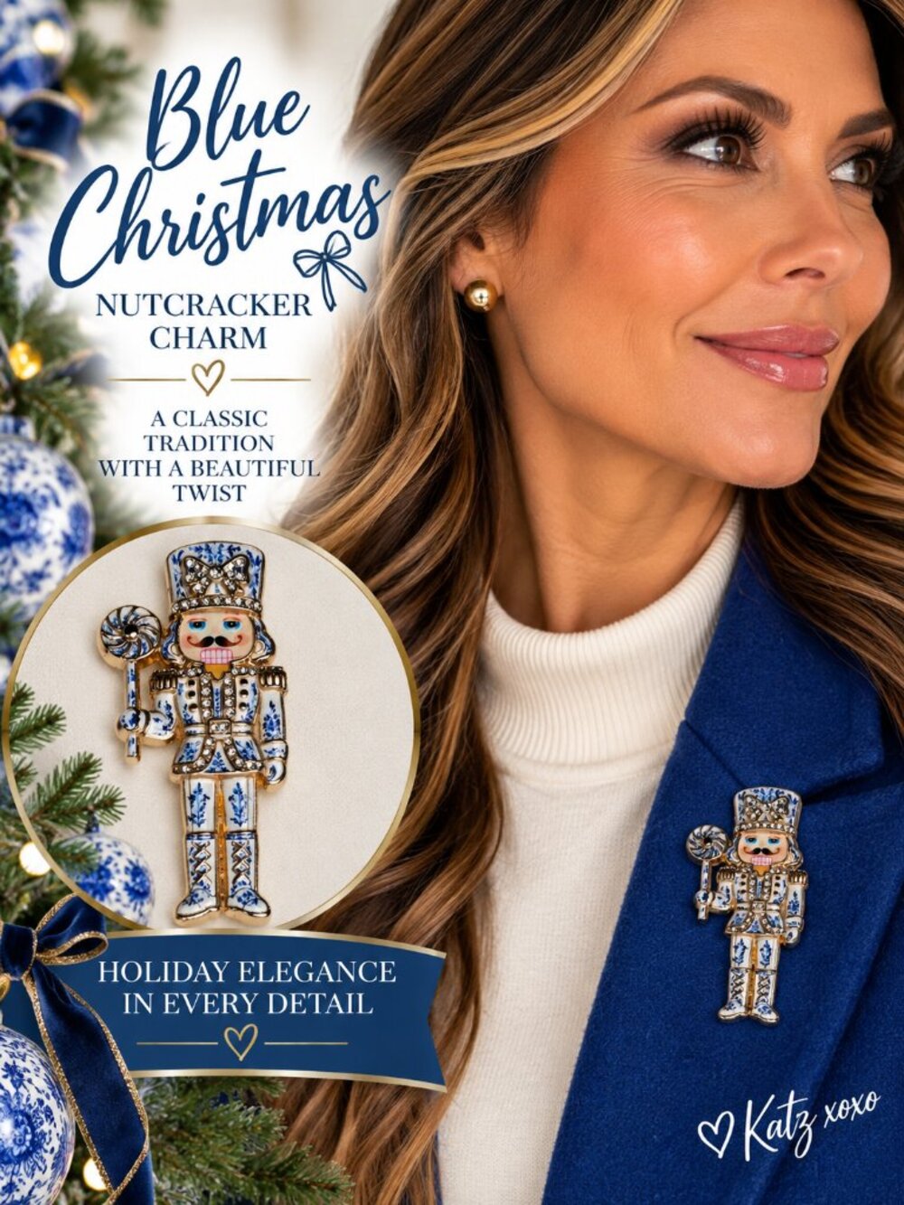 Blue White Nutcracker Brooch Rhinestone Porcelain Style Christmas Soldier Pin